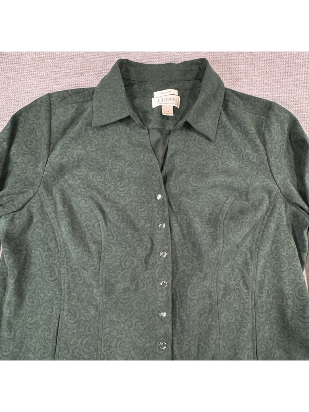 CJ Banks Pearl Snap Blouse Womens Size 1X Stretch Paisley Green Long Sleeve - Picture 5 of 13
